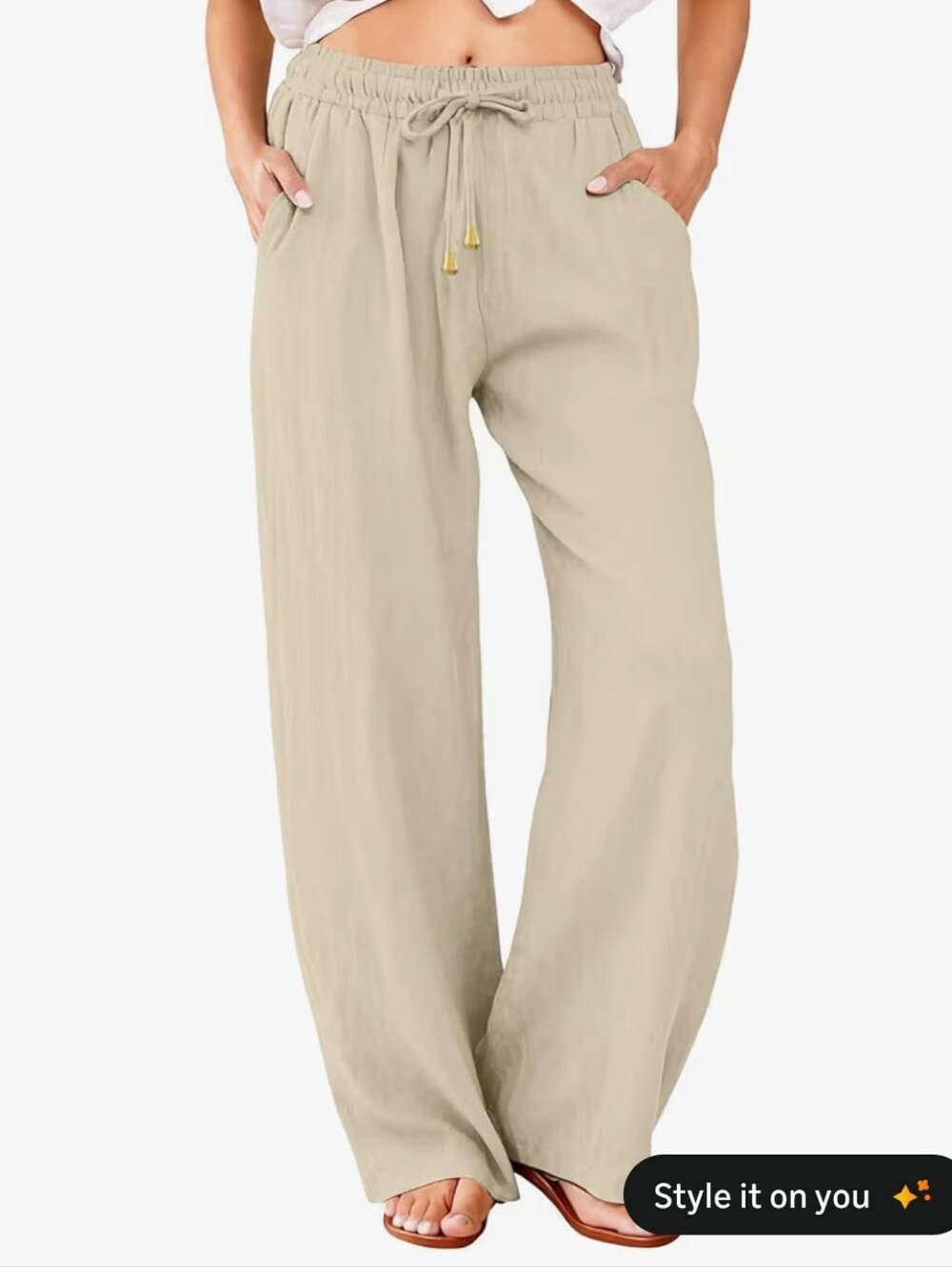 Women's Wide-Leg Drawstring Linen Pants - Beige#120